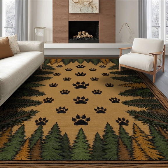 ODIKA 8'x10' Washable Area Rug Durable, Non-Slip Bear Paw Print Woodland With Vintage Wood Grain Forest Border for Living Room, Under Sectional, Family