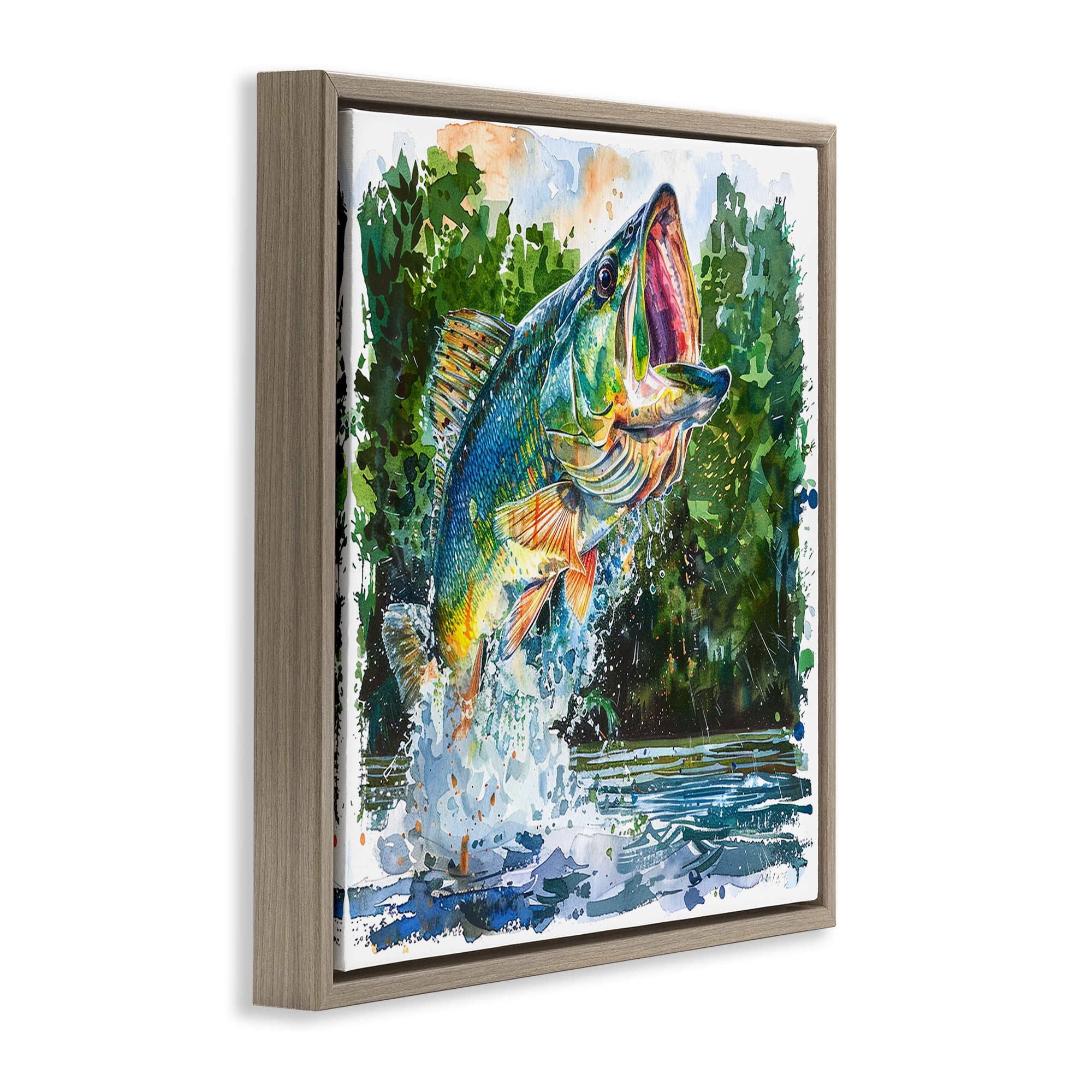 Stupell Industries Splashing Bass Fish Animals Painting Brown Floater Framed Canvas Art Print Wall Art, 18 x 18