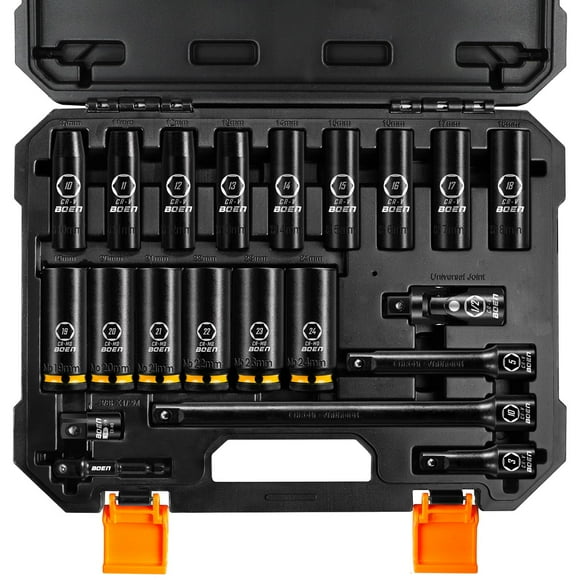 BOEN Pro 1/2" Drive Metric Deep Impact Socket Set, 21-Piece CR-MO &CR-V Steel, Upgraded Torque & Durability, 10mm-24mm, Includes Extension Bars, Universal Joint, Adapter &