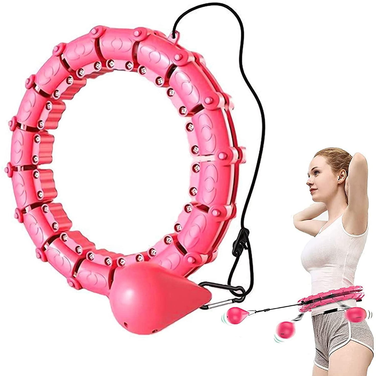 Adjustable Length 2 in 1 Abdomen Massage Fitness Hula Hoop with 18 Detachable Knots and Auto-Spinning Ball Smart Weighted Hula Hoop for Weight Loss 