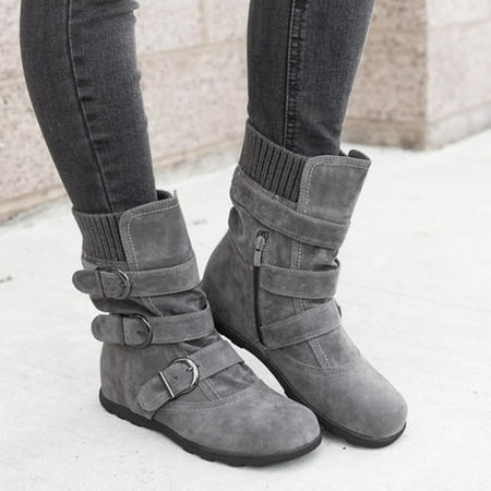 

Tdoqot Womens Leather Shoes- Flats Warm Chunky Heel Christmas Gifts Women s Mid Calf Boots Gray 43
