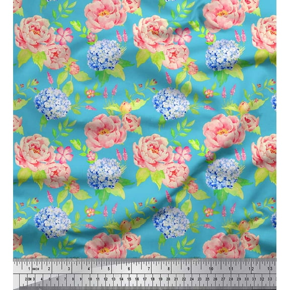 Soimoi Blue Cotton Duck Fabric Periwinkle & Peony Floral Fabric Prints By Yard 42 Inch Wide