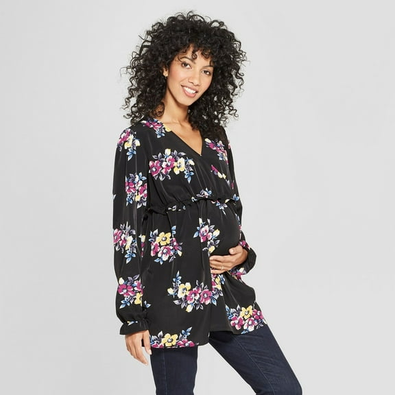 Isabel Maternity by Ingrid & Isabel Women's Maternity Long Sleeve Floral Print Ruffle Crossover Blouse - Black Multifloral - ( Large)