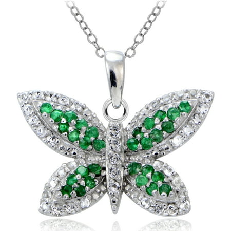 1.9 Carat T.G.W. Emerald and White Topaz Sterling Silver Butterfly Pendant, 18