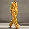 thumbnail image 4 of Szluipve Women Velvet 2 Piece Outfits Stand Collar Henley Button Long Sleeve Top & Elastic Waist Wide Leg Pants Casual Loungewear Matching Set Yellow XL, 4 of 6
