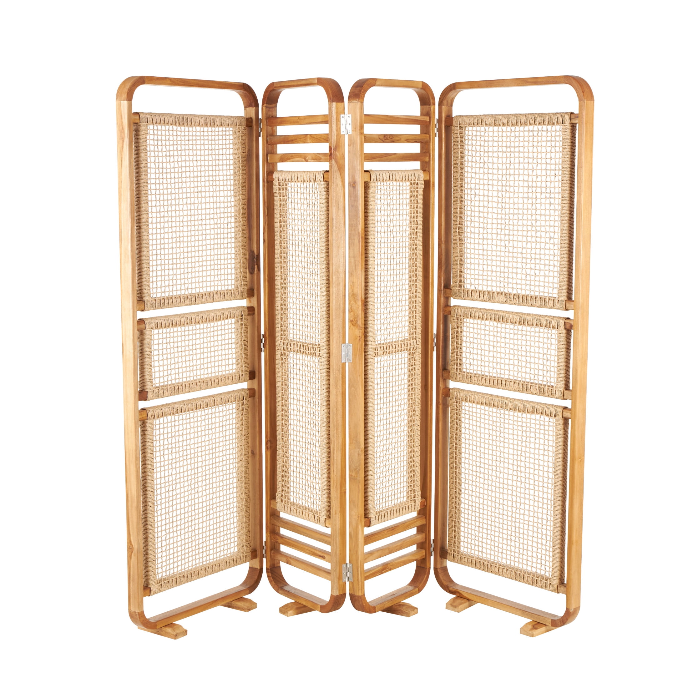 DecMode 79" x 70" Brown Teak Wood Handmade Foldable Partition 4 Panel Room Divider Screen with Woven Rattan Panels, 1-Piece