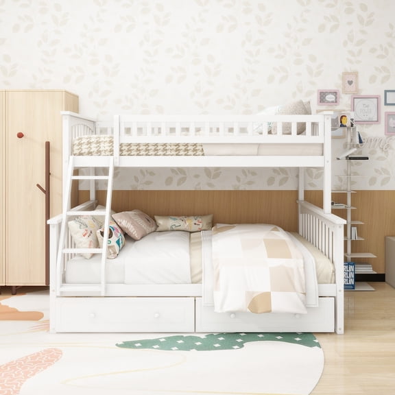 Twin over Full Bunk Bed with Drawers, Convertible Beds, White