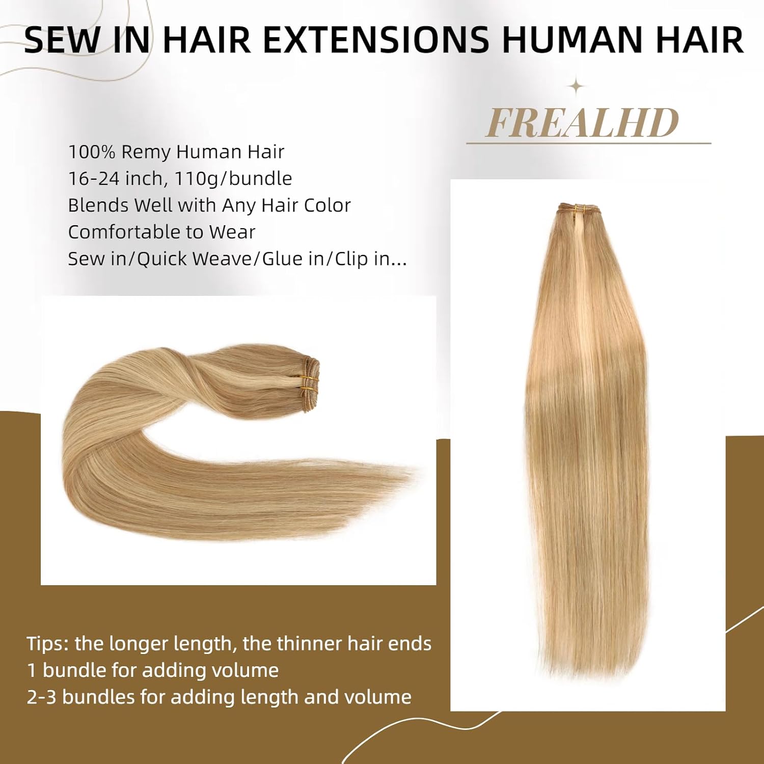 Sew in Hair Extensions Real Human Hair, 110g 22 inch Ash Blonde Highlighted 613 Bleach Blonde Human Hair Weave Extensions Remy Straight Bundles Double Weft