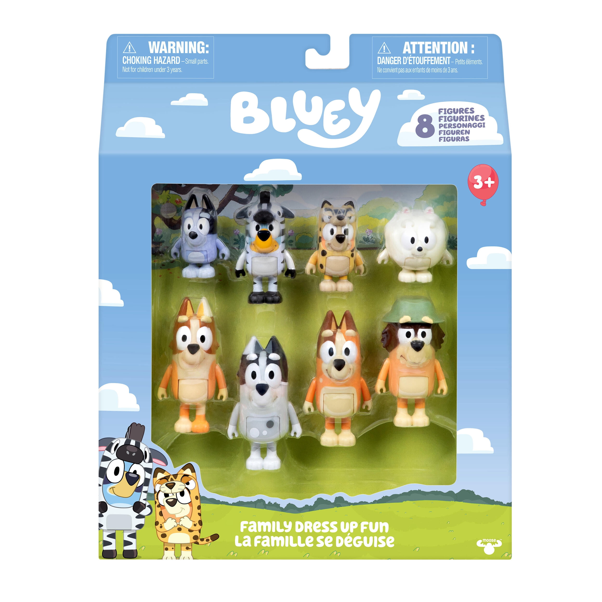 Bluey Family Dress Up Fun 8 Pack, 2.5-3" Figures; Bluey and Bingo Wearing Onesies, Grandad, Socks, Pop Pom, Aunty Brandy, Trixie and Chilli, Ages 3+