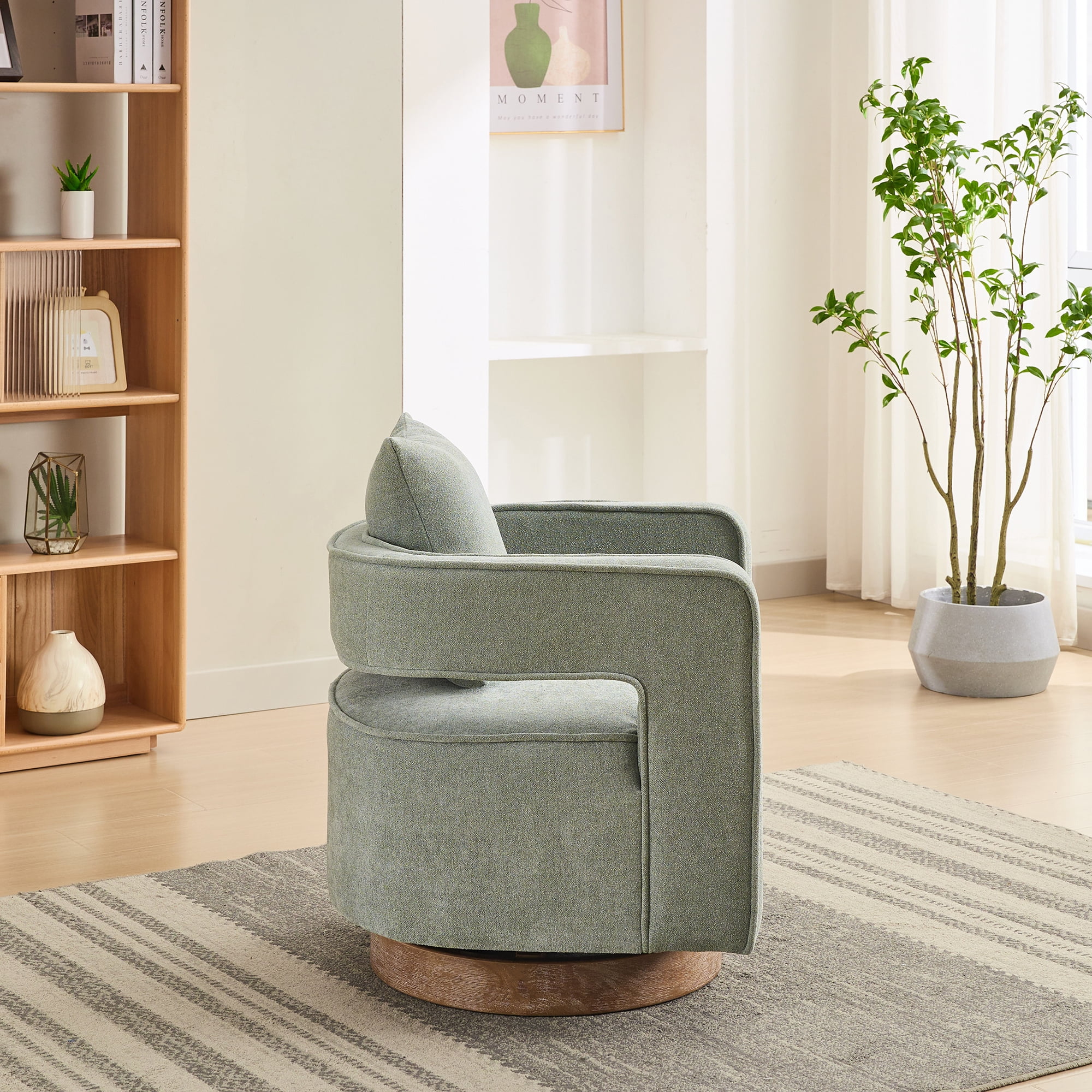 Leumius Swivel Accent Chair with Open Back,Modern Single Sofa Chair With Weathered Base for Nursery Bedroom Living Room Hotel Office, Club Chair Leisure Arm Chair for Lounge,Green Polyester
