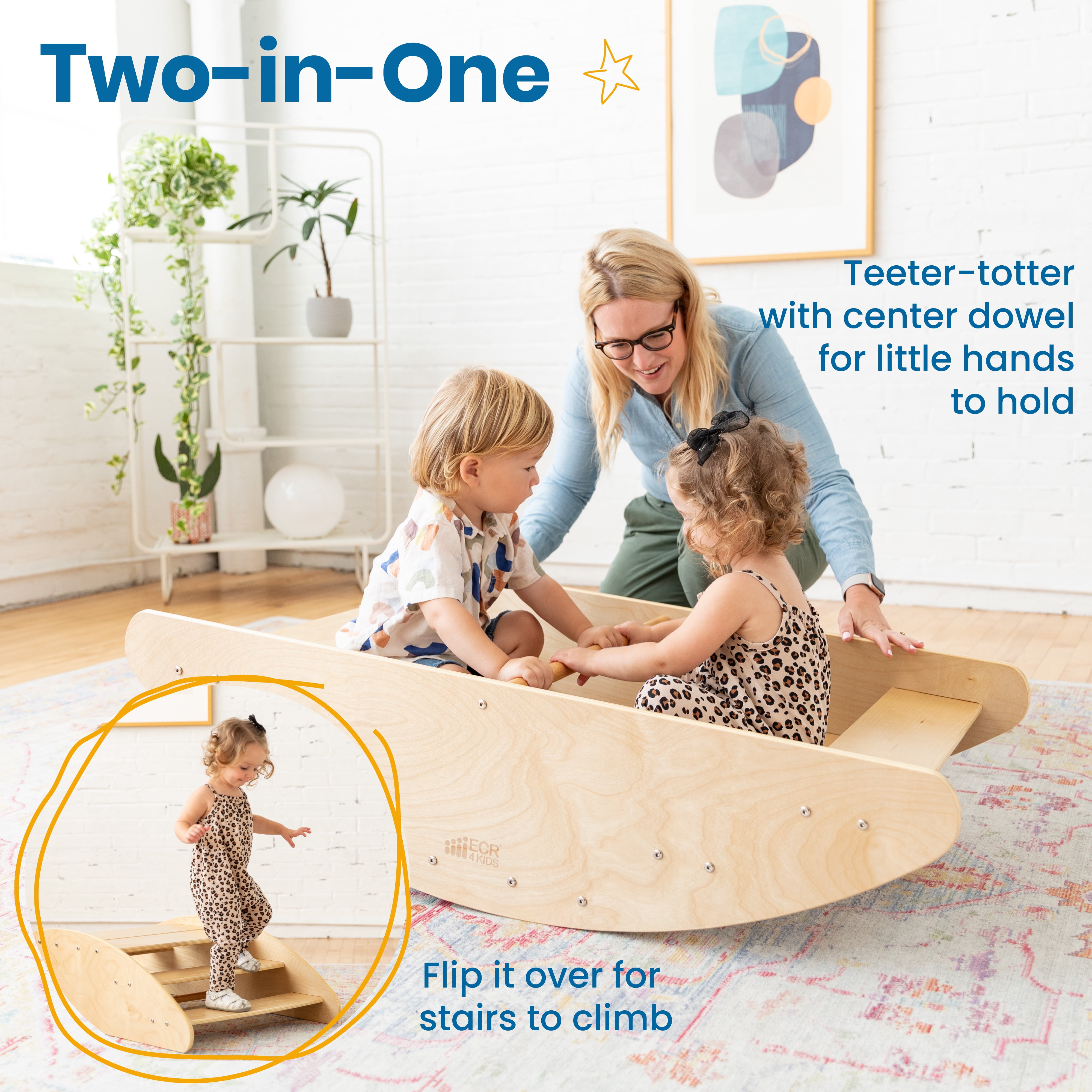 ECR4Kids Wooden Rocking Boat and Steps Play Center, Montessori Furniture, Natural