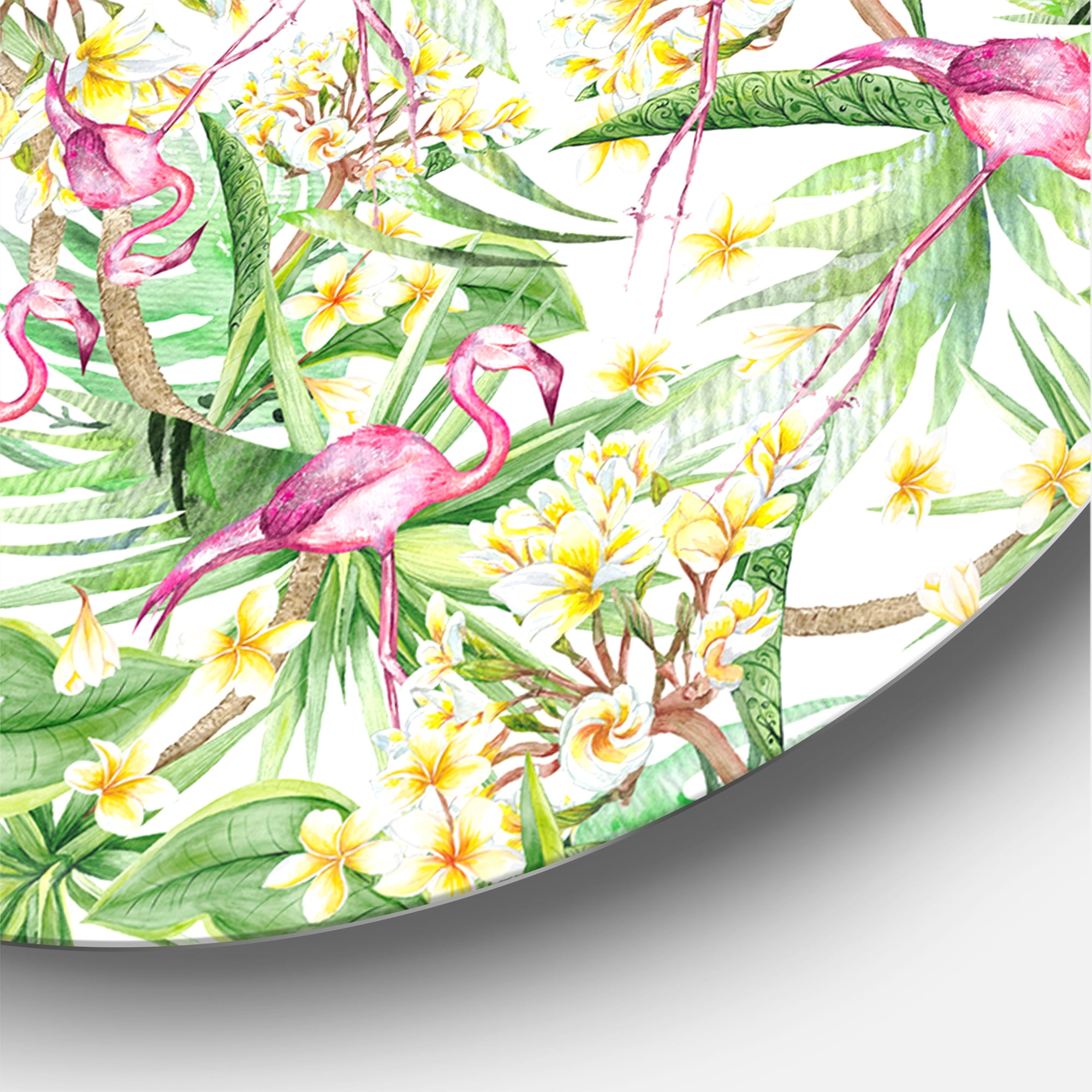 Designart 'Yellow Flowers, Tropical Foliage With Flamingo II' Modern Circle Metal Wall Art 23x23 - Disc of 23