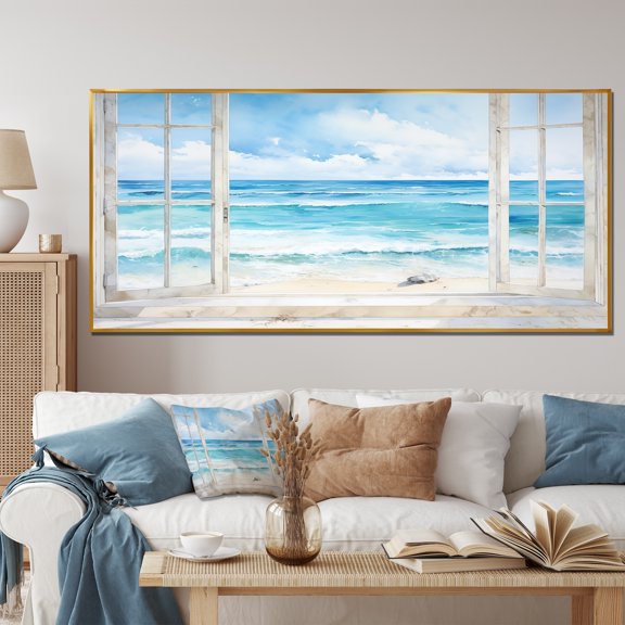 Designart "Tranquility by the Beach Window Views II" Extra Large Coastal Framed Wall Art - Coastal Blue Coastal Windows Entryway Framed Wall Art