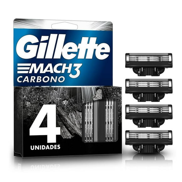 Cartucho de rastrillo Gillette Mach3 Carbono con carbón activado y 3 hojas, 4 pzas