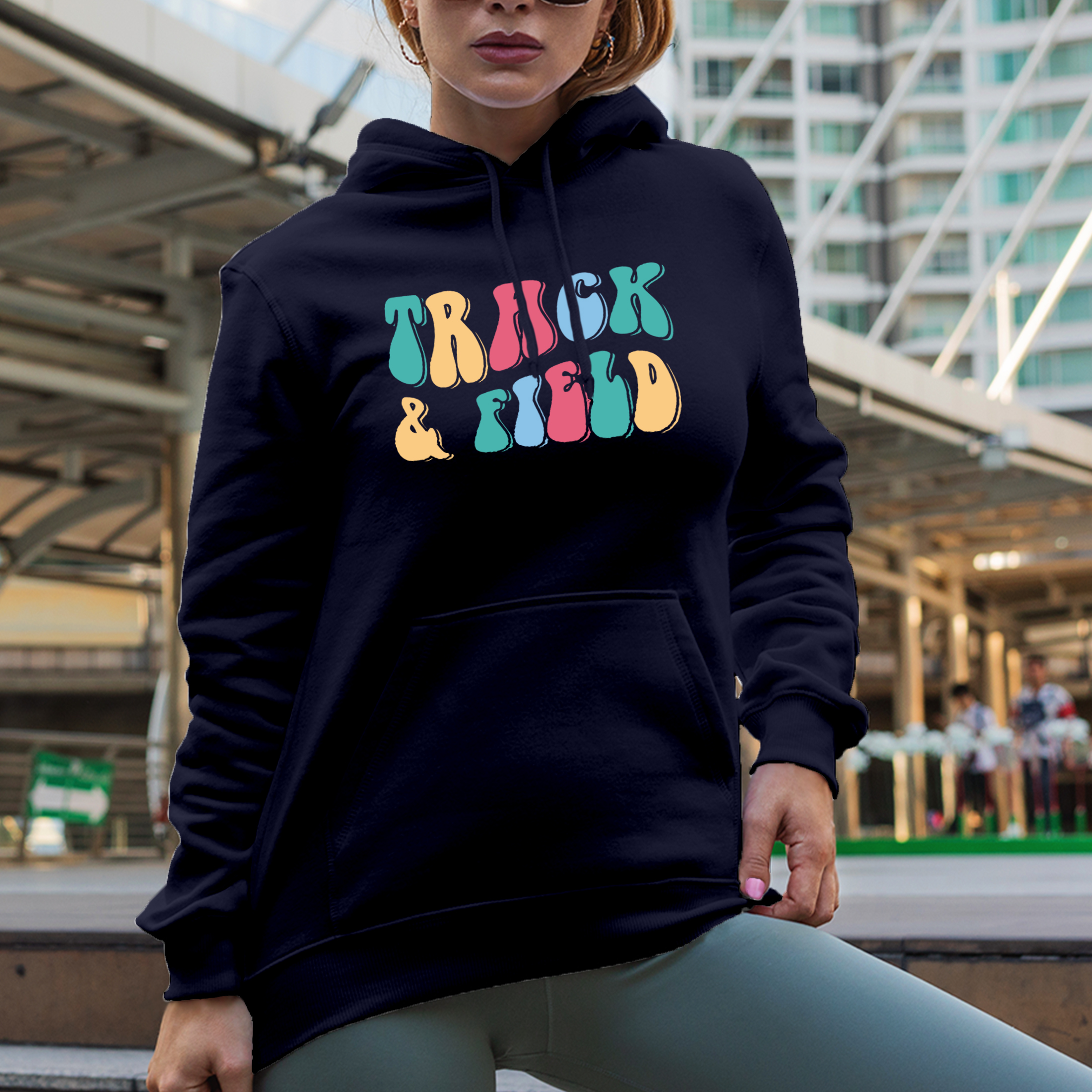 Track & Field, Sports or Athlete Themed, Groovy Retro Wavy Text Merch Gift, Navy Blue Hooded Sweatshirt or Hoodie, Small