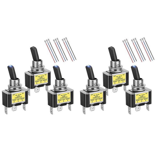 6PCS ON Off Rocker Lighted Toggle Switch 30A 12V DC SPST 2 Position 3 Pin Blue LED Light Wired for Car Boat Automotive
