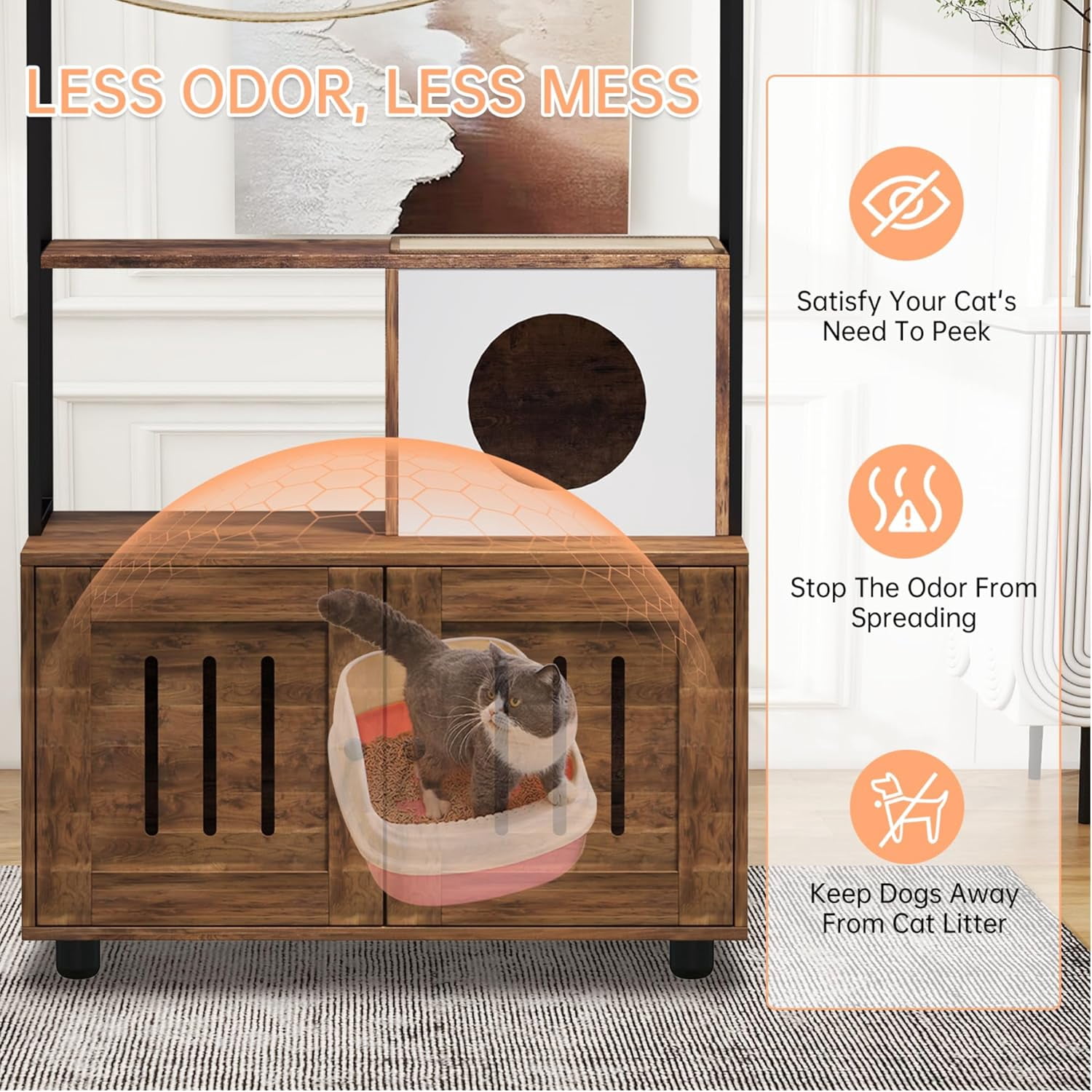Acekid 60 Inch 2-in-1 Cat Tower Cabinet&nbsp;- Hidden Litter Box Enclosure with Metal Frame & Wood Condo, Includes Hammock & Scratching Mat, Dog-Proof Design (Retro)