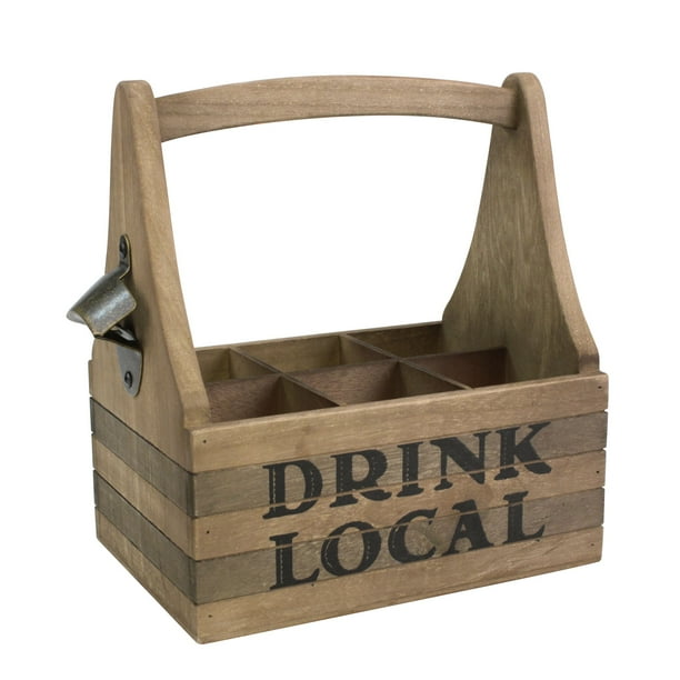 Stonebriar Wooden Drink Local Beer Caddy with Handle and Metal Bottle