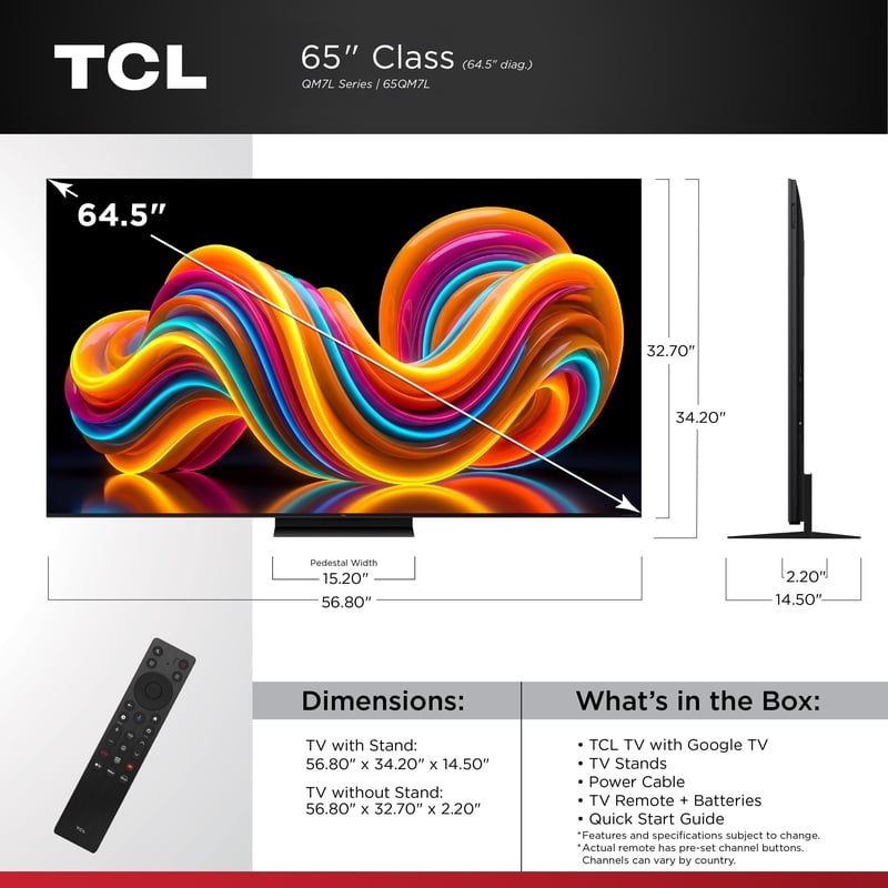 TCL 65” QM7L Series SQD-Mini LED QLED Smart Google TV (NEW 2026) - TCL Deep Color System with Super QLED, Up to LD2100 Precise Dimming Series, Up to HDR3000 Peak Nits, Bang & Olufsen Audio - 65QM7L front and back view