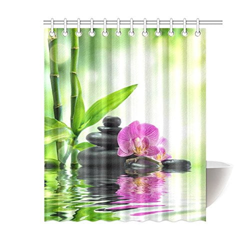 ARTJIA Japanese Zen Garden Shower Curtain, Spa Stone Purple Orchids ...