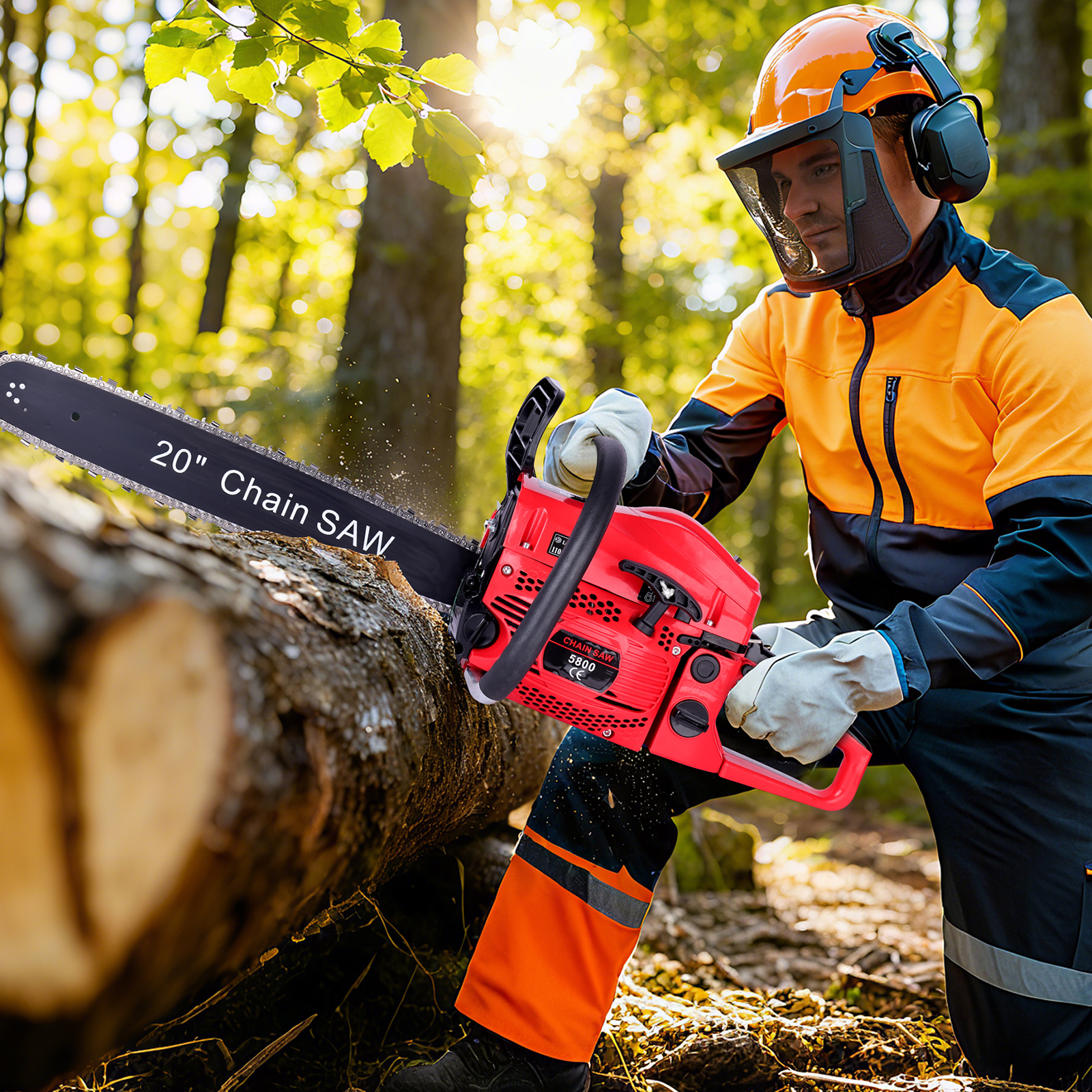 Two-Stroke 58CC Chain Saw, 20 Inches, 2200W, Chain Saw Set, Complete Accessories Ready For Use, Two-Hole Heat Dissipation, Soft Leather Handle, Safety Brake, Efficient Felling Saw