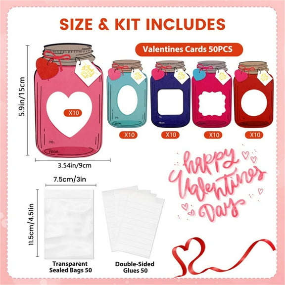 LanSuare Valentines Day Cards for Kids-50 Pack Happy Valentine's Day Card Bulk with 50 Treat Bags-DIY Valentine Exchange Cards for Boys Girls School Class Classroom Party Favors