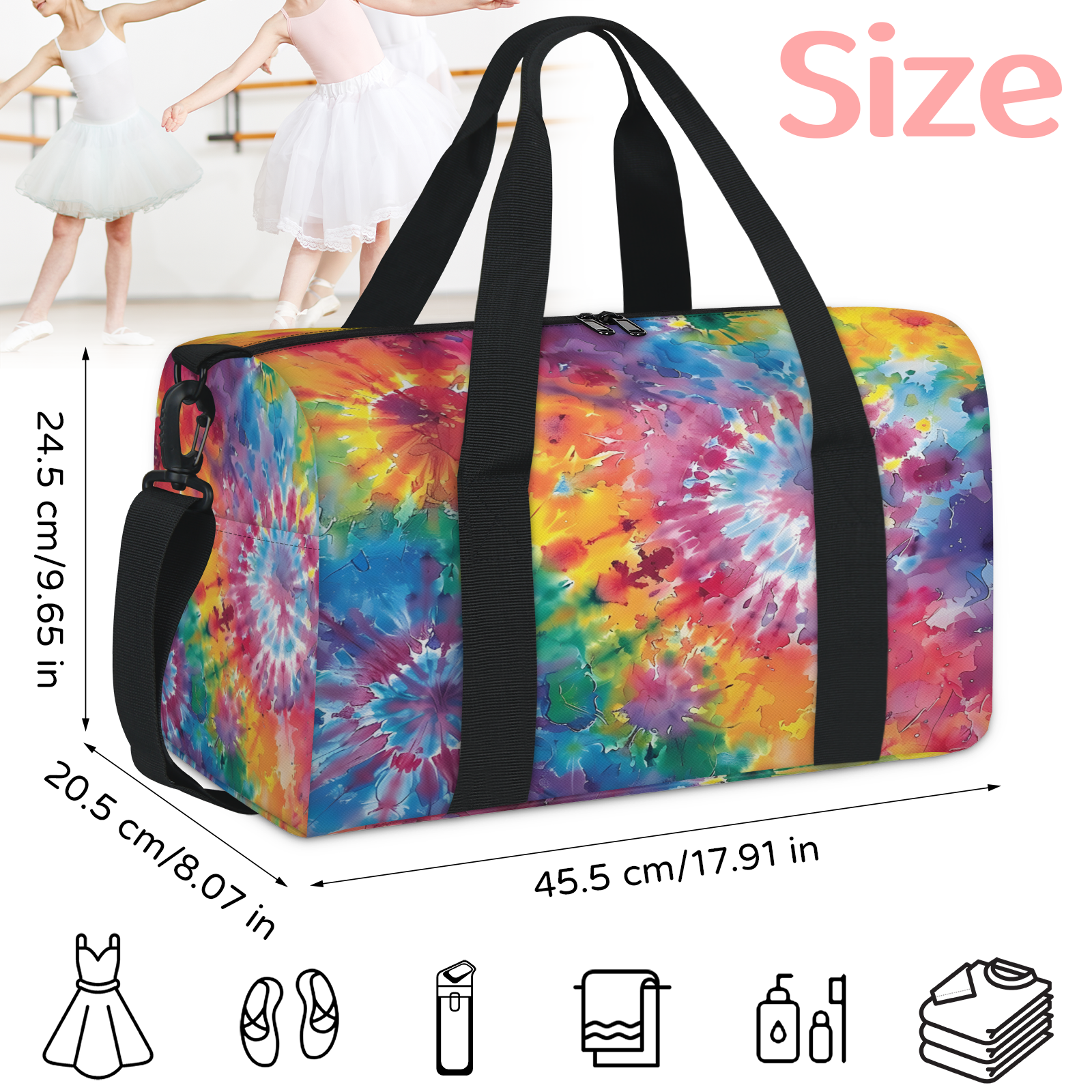 Herdesigns Tie Dye Gym Bag for Women, Duffle Bag for Travel Sport, Colorful Lightweight Waterproof Carry on Weekender Dance Yoga Workout Bags
