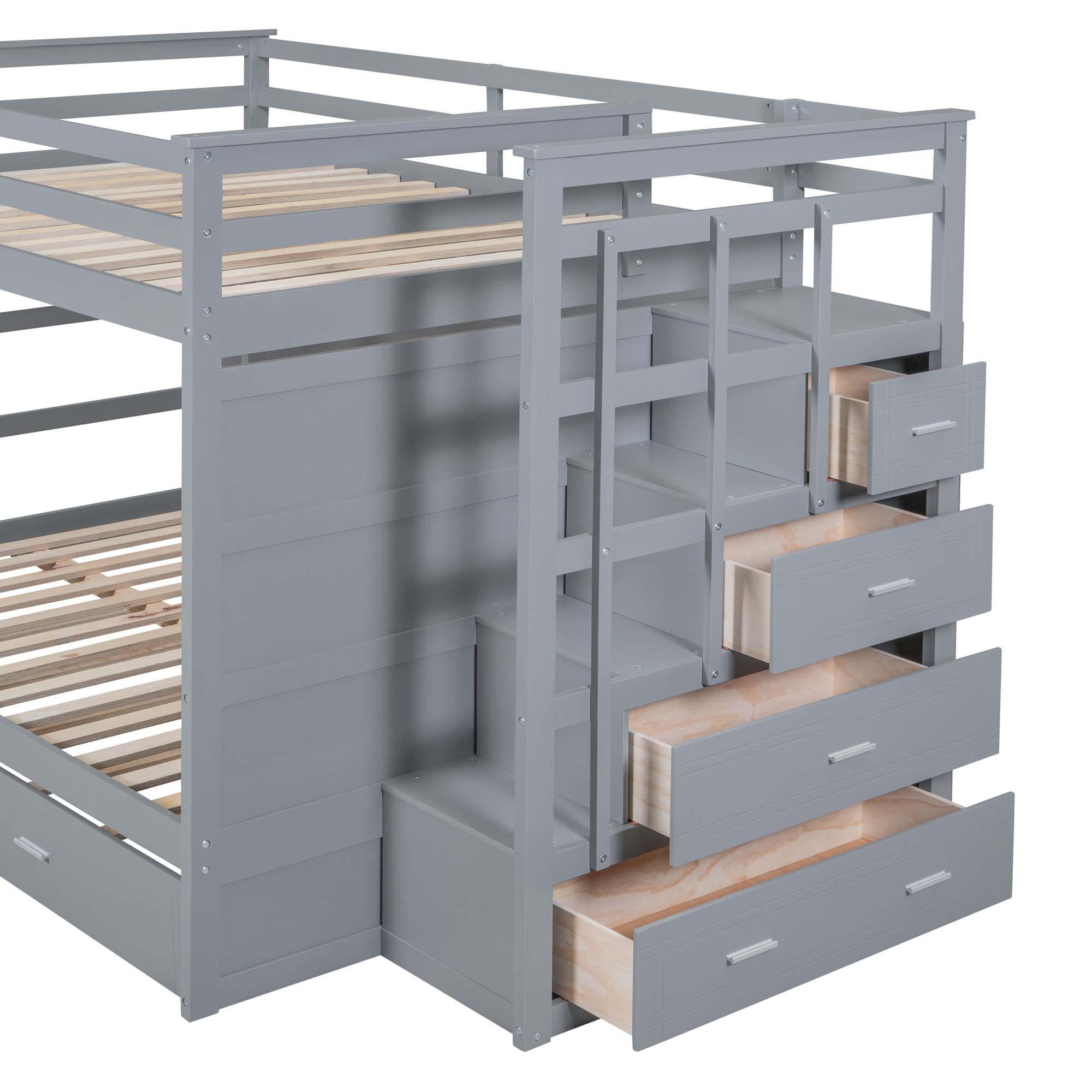 Aukfa Full over Full Bunk Bed with Trundle and Staircase, Wood Bunk Bed with 4 Storage Drawers for Kids, Teens - Gray