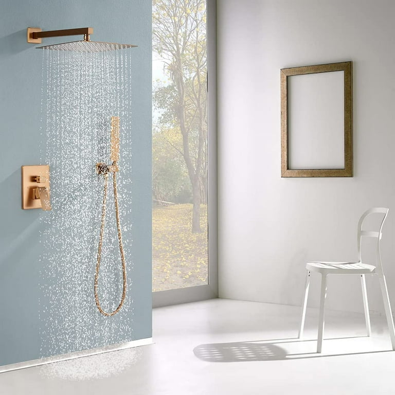 Brushed Gold 10 Round Rainfall Shower Head Wall Mounted Rain Shower System  with Handheld Shower Solid Brass