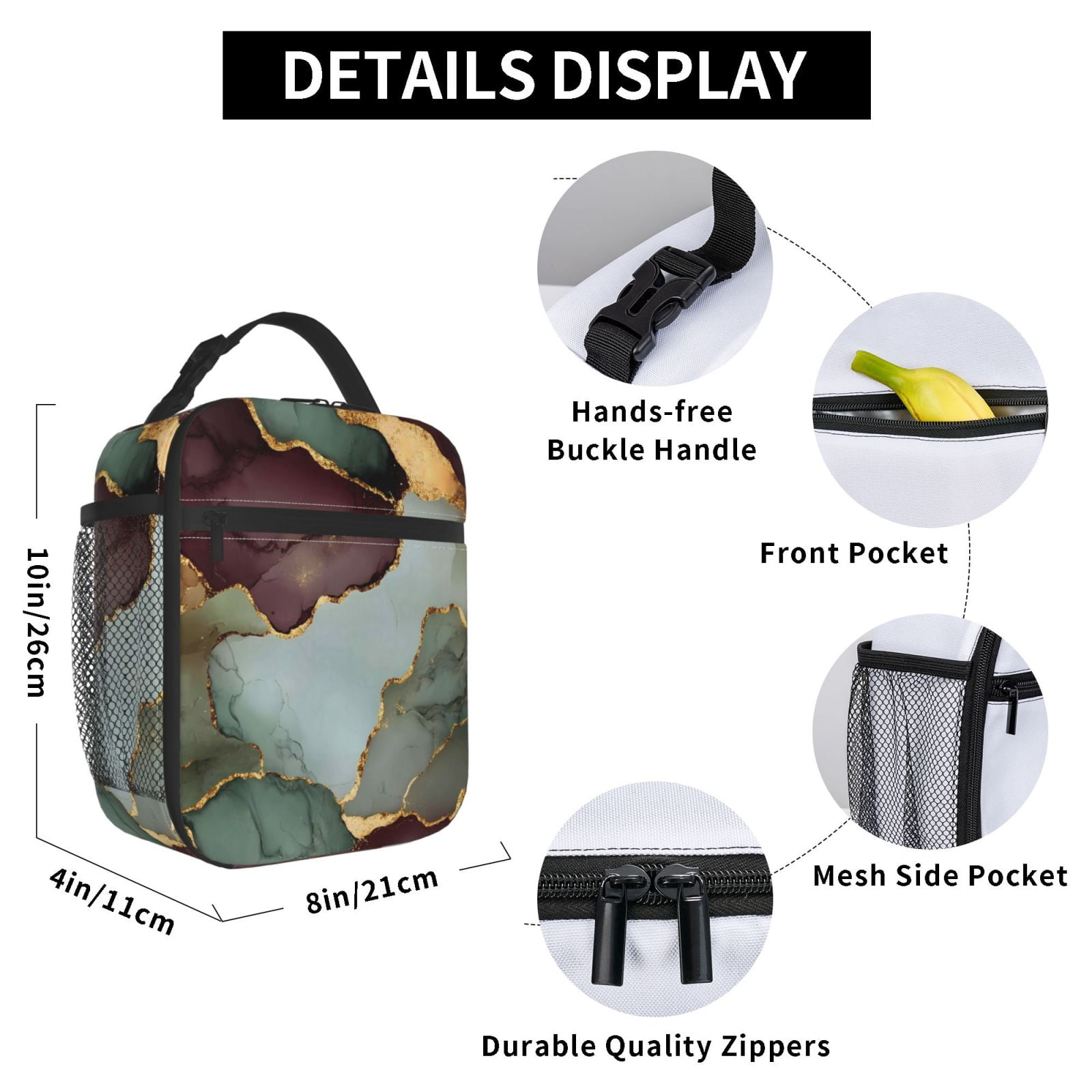 Lunch Bag For Women Men Insulated Portable Lunch Box Bento Box Office Picnic Travel Cooler Bag Green And Brown Gold Marble