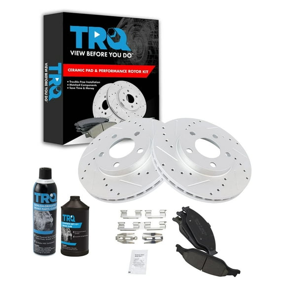 TRQ Ceramic Brake Pad & Performance Drilled Slotted Rotor Front Kit w/Chemicals BKA18220