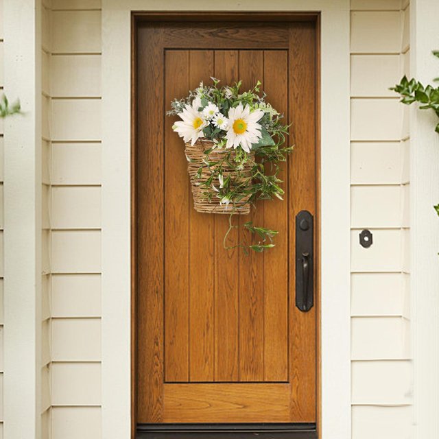 Cesta de flores Corona Colgador de puerta Cesta Corona Flor artificial Hermosa corona de primavera Corona de granja para ventana de pared Decoración Blanco perfecl Guirnalda de puerta