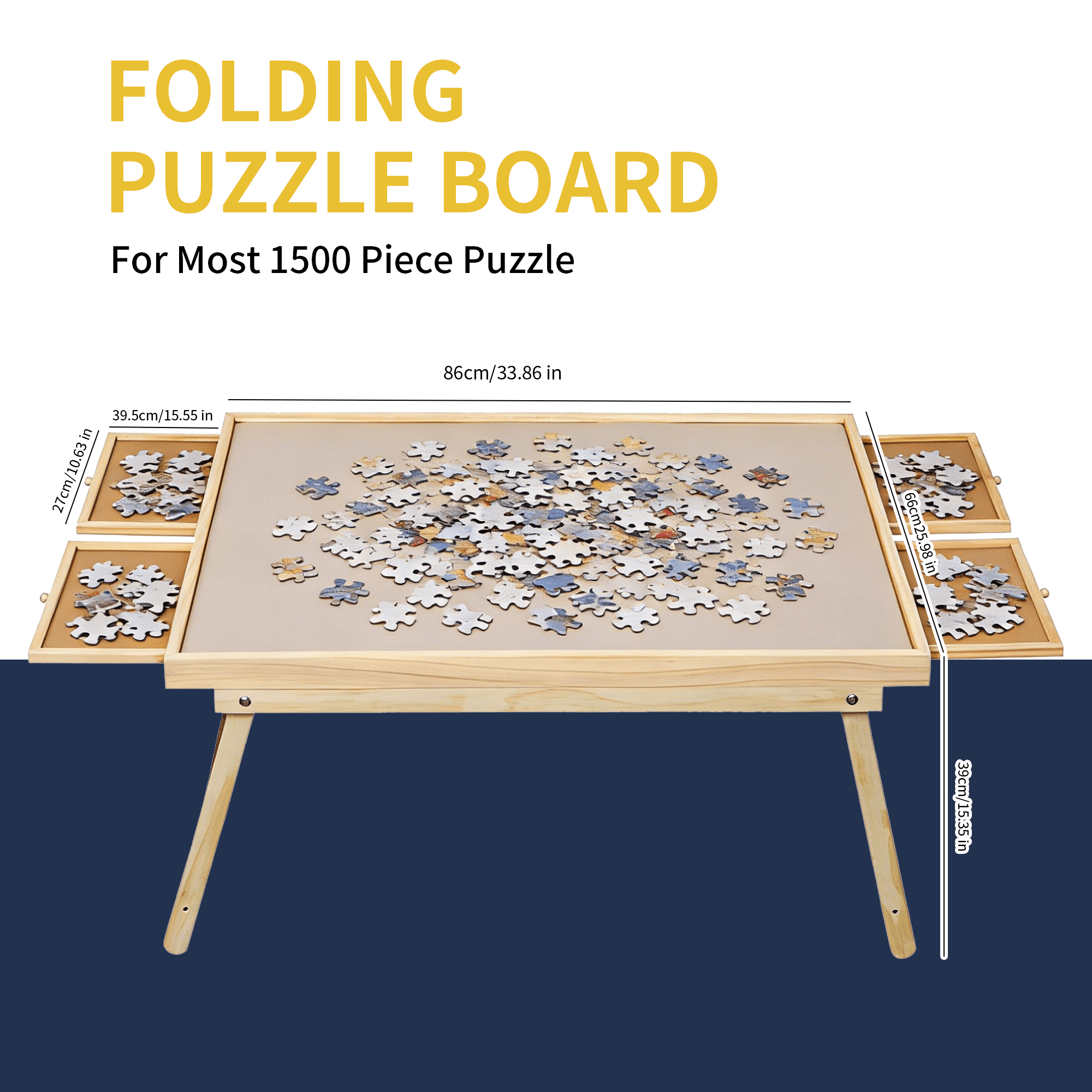 1500 Piece Puzzle Table with Folding Legs and 4 Sliding Drawers,34.3 "x 26.5" Wooden Jigsaw Puzzle Board with Protective Coverfor Adults