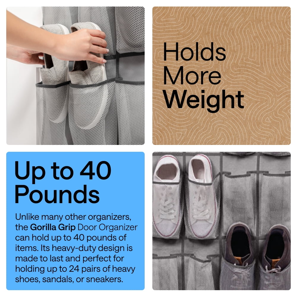 GORILLA GRIP 24 Pocket Over the Door Shoe Organizer, Mesh Pockets, Up to 40 Pounds, Hang on Doors, Gray Dark Gray Trim