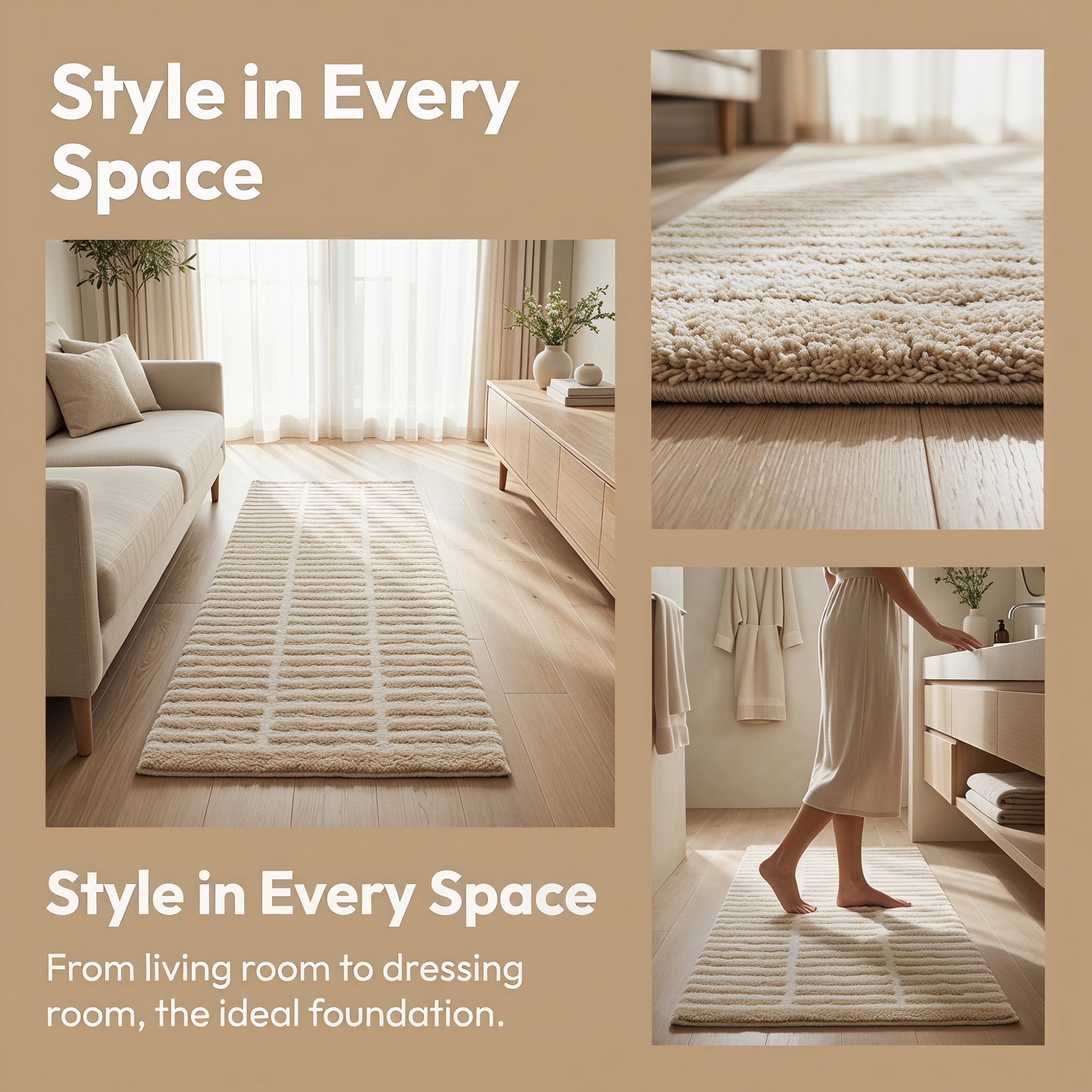 Unique Bargains Geometric Runner Rug Shaggy Bedside Non-Slip Hallway Carpet Khaki Stripe