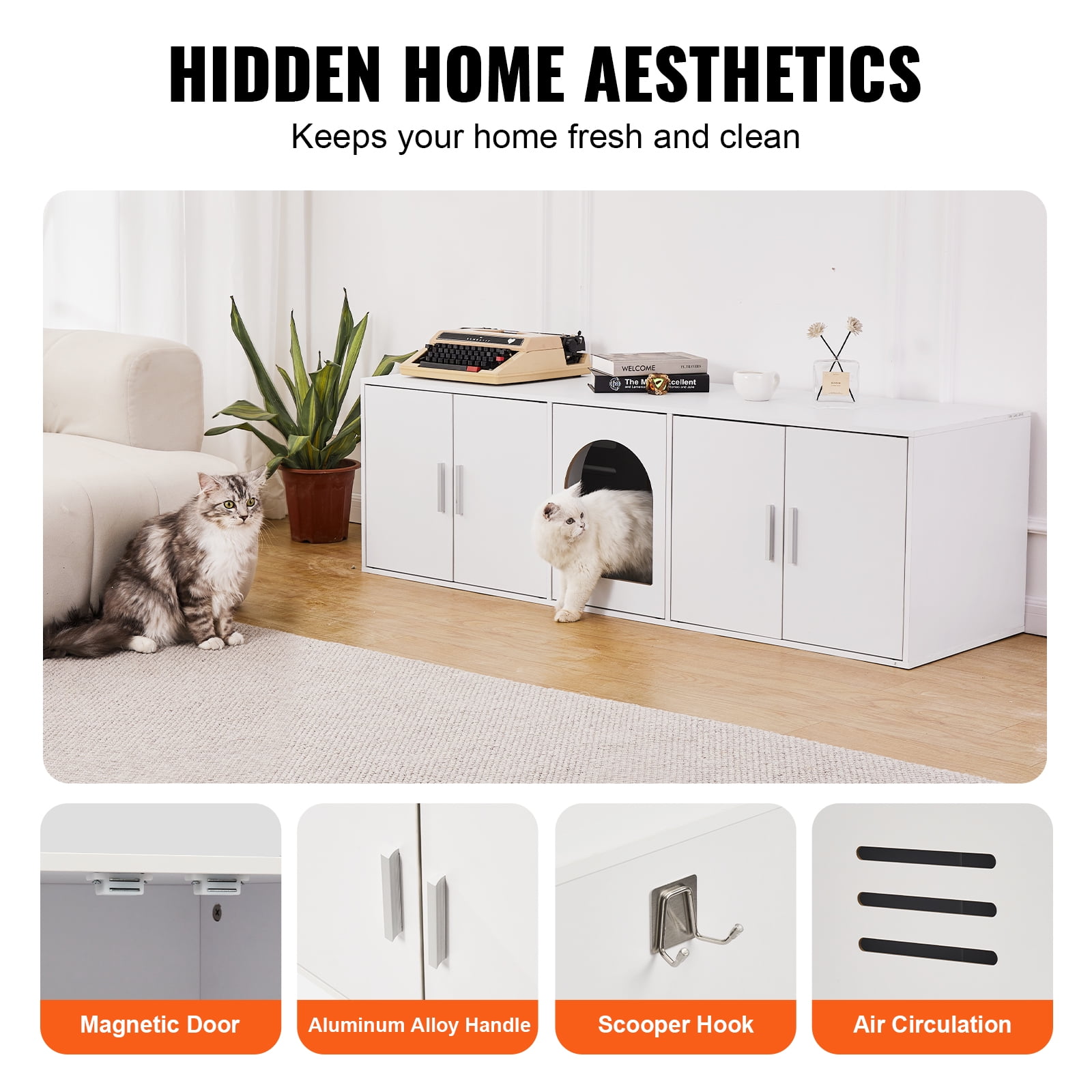 KFFKFF Dual Cat Litter Enclosure, Spacious Hidden Litter Cabinet for Multiple Cats, Wood Constructed Litter Box Cover, Dimensions: 57.9"L x 18.3"W x 17.9"H, in White