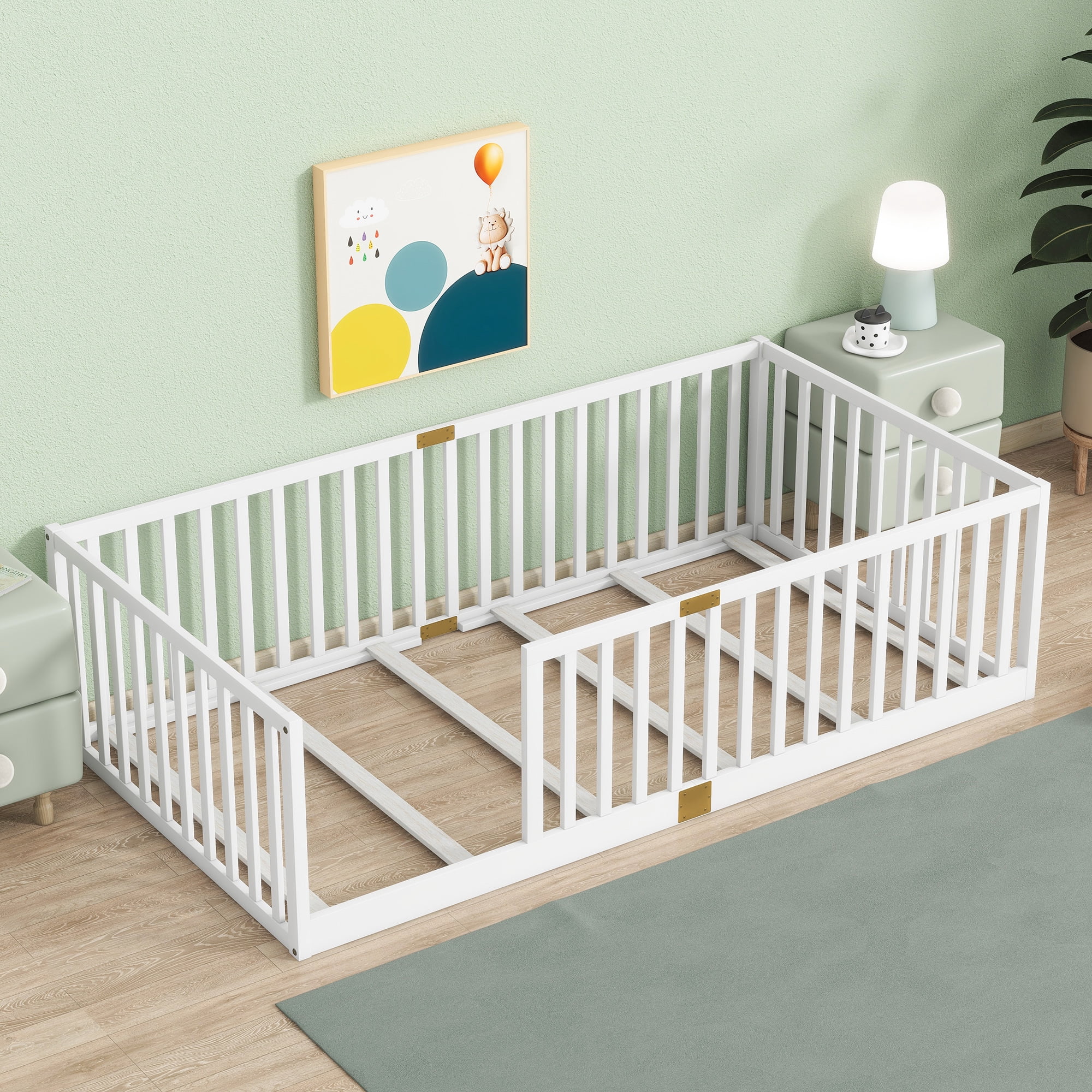 Miniyam Twin Size Floor Bed with High Safety Fence for Kids, White