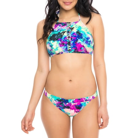 - Women's High-Neck Halter Bikini Swimsuit Top With Front Cut-Out