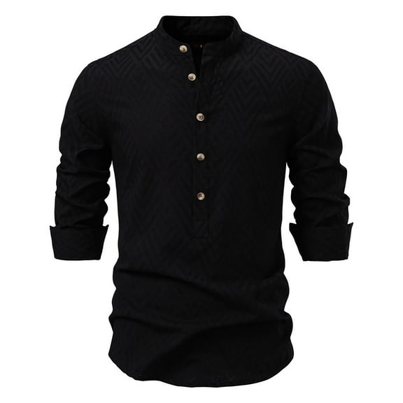 DAFPZW Mens Mexican Embroidered Shirts Spring Summer Long Sleeve Button Band Collar Tops Work Business Stretch Blouses