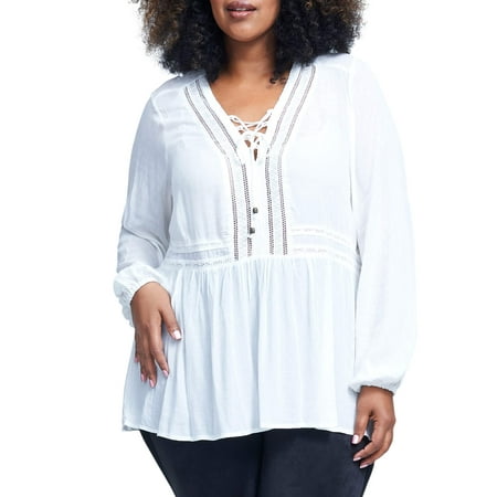 - Women's Plus Size Long Sleeve Lace Up Peasant Top