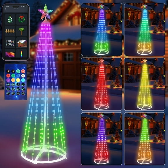 PUCACHI 6ft Lighted Outdoor Christmas Tree, 250 LED Music Sync RGB Fairy Lights Outdoor Christmas Decorations LED Light Show, APP and Remote Control, Timer Function