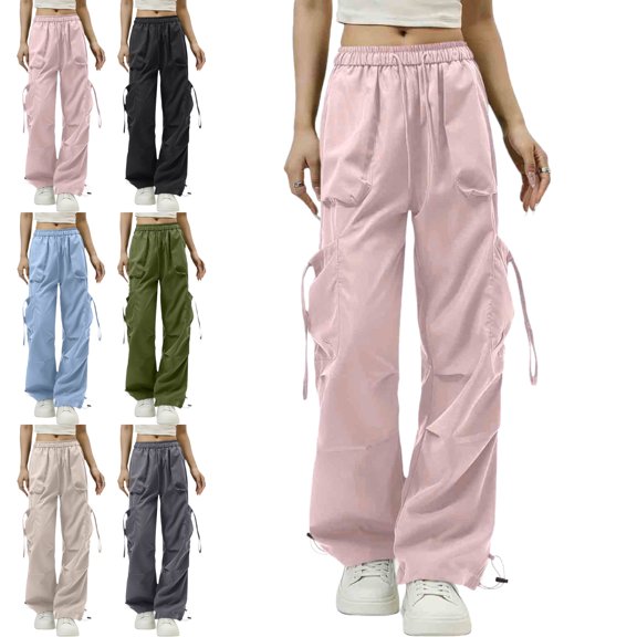 Athletic Cargo Pants for Women Windbreaker Drawstring Multi Pocket Breathable Casual Solid Color Pants