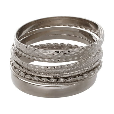 Time and Tru Women's Silver Tone Bangle Bracelet Set, 10-Piece