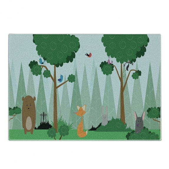 Forest Friends Cutting Board, Children Cartoon of Bear Birds Fox Wold Bunny in Woods with Trees Print, Decorative Tempered Glass Cutting and Serving Board, in 3 Sizes, by Ambesonne