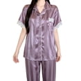 thumbnail image 5 of BaoFuBaoMei Satin Pajamas for Women Plus Size 2 Piece Short Sleeve Button up Lounge Set Collared Top and Pants Pjs Lace Trim Striped Sleepwear, 5 of 6