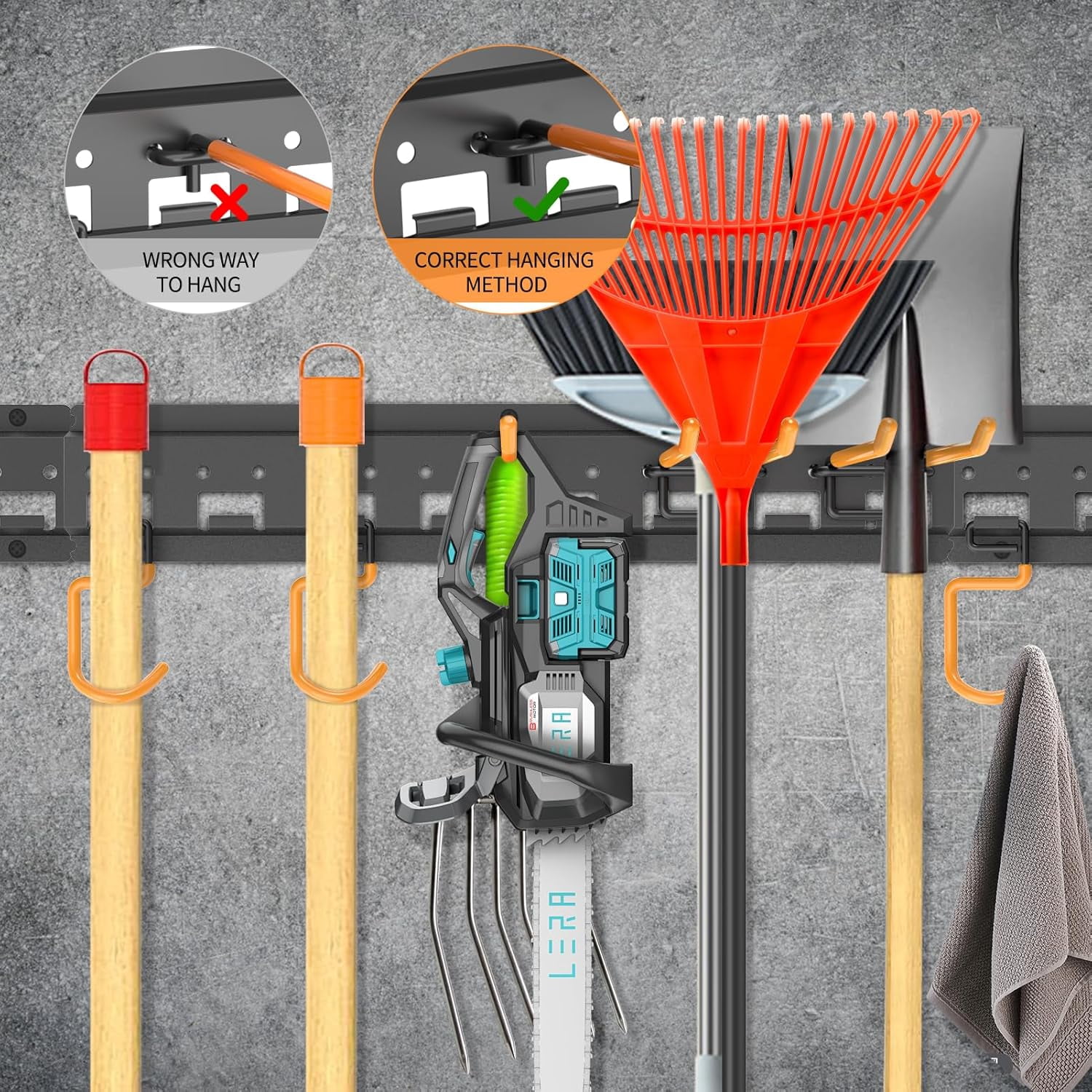 Garden Tool Organizer Wall Mount - Heavy Duty 64 Inch Garage Storage with Adjustable Pegboard Hooks, Black