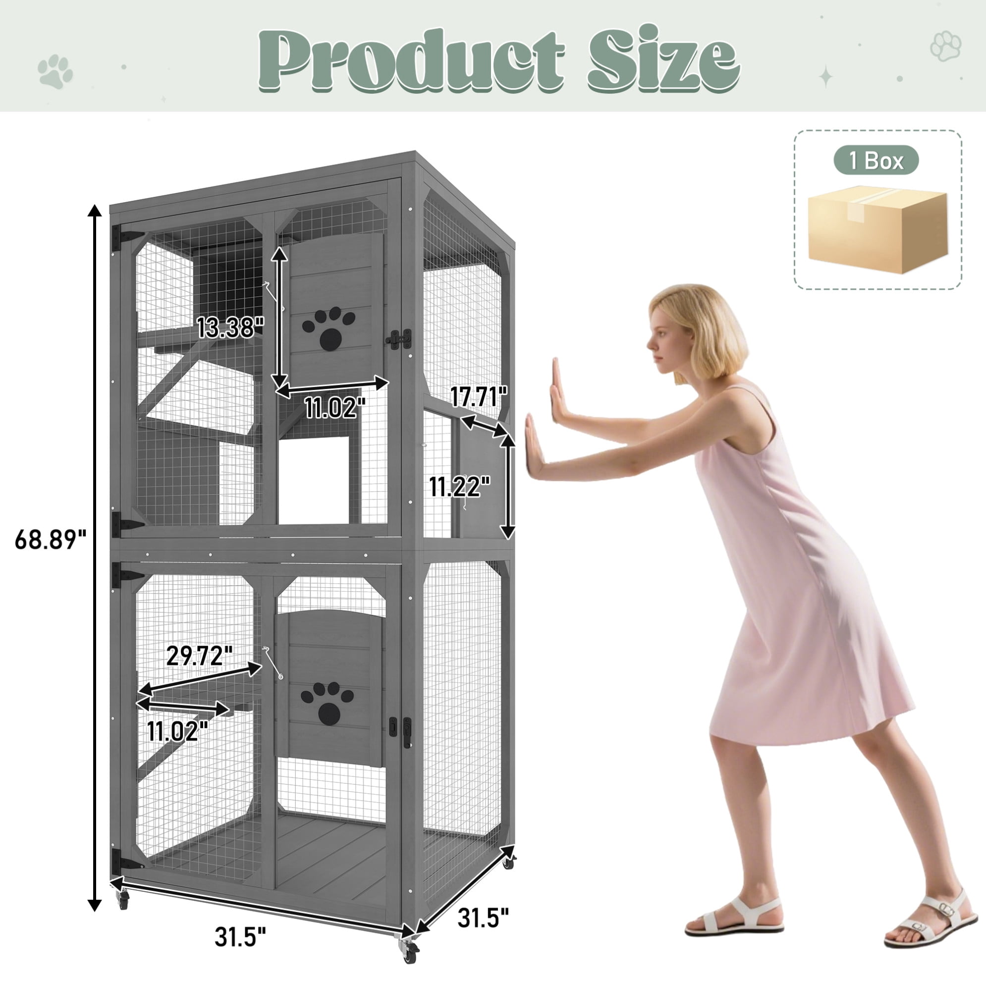 Outdoor Cat Enclosure with Window Access, 4-Tier Cat House with Wheels, Waterproof Roof and Resting Box for Large Indoor Cats, Gray