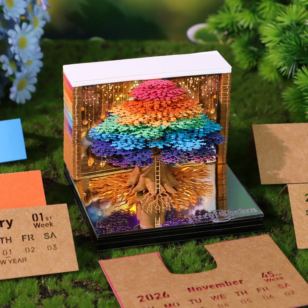 2026 Tear Away Mini Desk Calendar Memo Notepad with LED Pad, Featuring Tree Theme and Bright Colors for Desk Use
