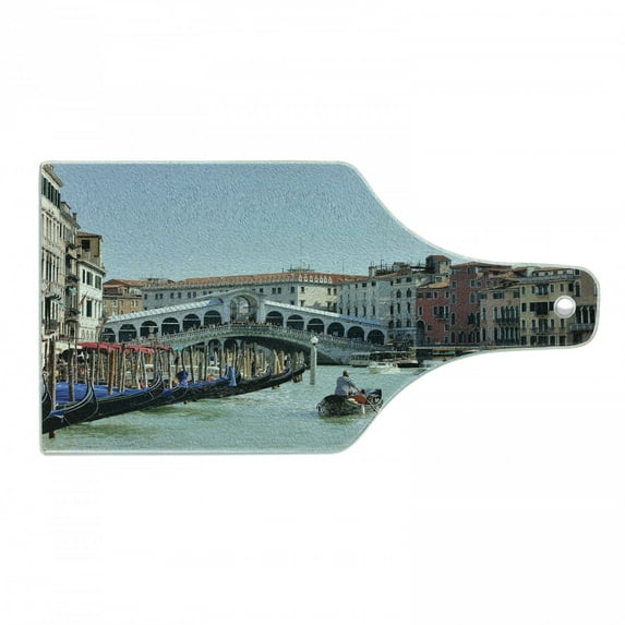 Italy Cutting Board, Famous Landscape of Venice Gondolas and Architecture Europe Tourism Canal Photo, Decorative Tempered Glass Cutting and Serving Board, Wine Bottle Shape, Multicolor, by Ambesonne