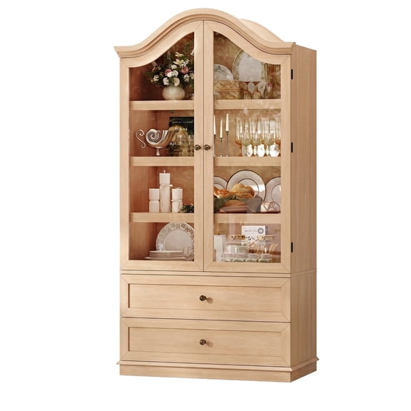 ANGRYWIN 70.9" Farmhouse Arched Pantry Cabinet with Glass Doors, Tall Storage Locker with Mustache Top, Drawers & Shelves for Kitchen, Dining Room, Natural